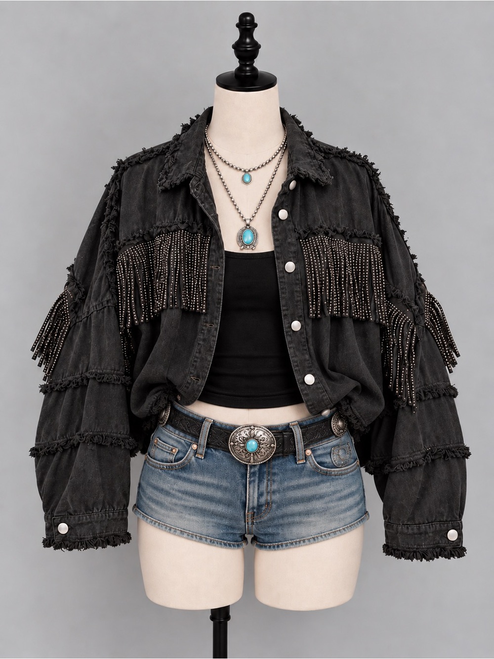 Elan Black Rhinestone Fringe Western Distressed Denim Jacket S